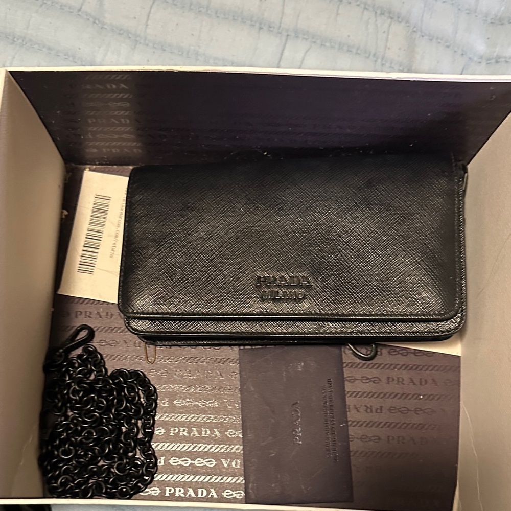 Prada Black Saffiano Leather Chain Wallet